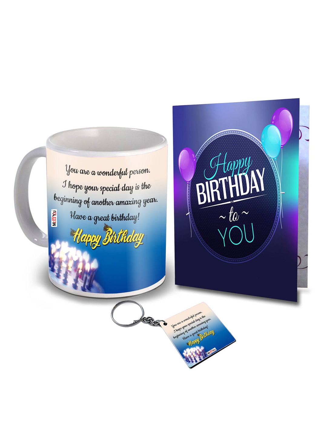 

ME & YOU Blue 3 Pcs Slogans Printed Ceramic Glossy Mug & Card with Keychain 325 ml