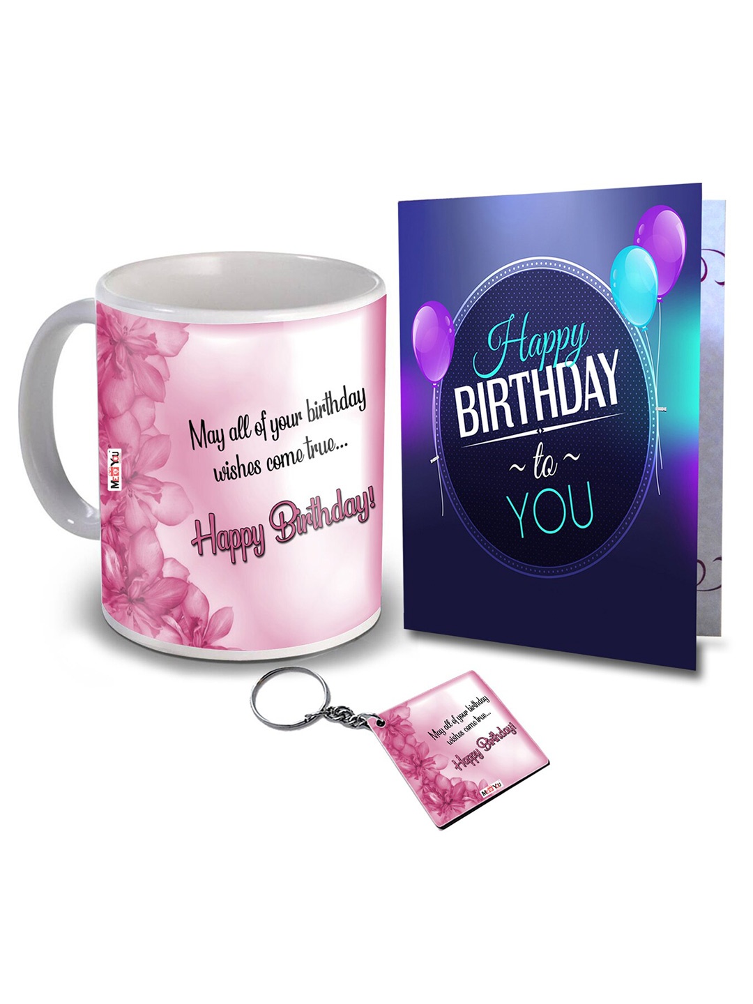 

ME & YOU Pink & Blue 3 Pieces Printed Ceramic Mug & Card with Keychain Home Gift Set