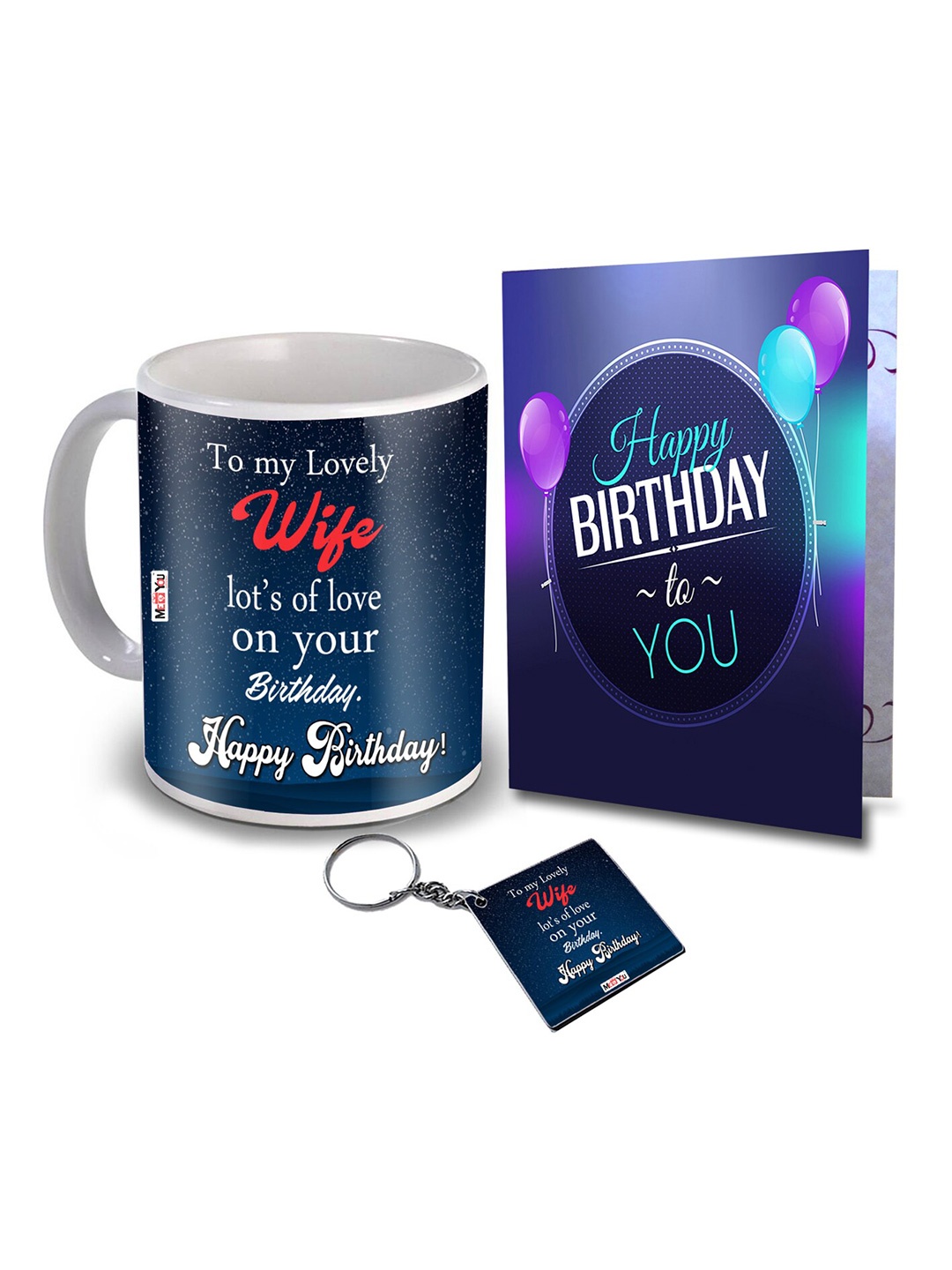 

ME & YOU navy Blue 3 Pieces Printed Ceramic Mug & Card with Keychain Home Gift Set