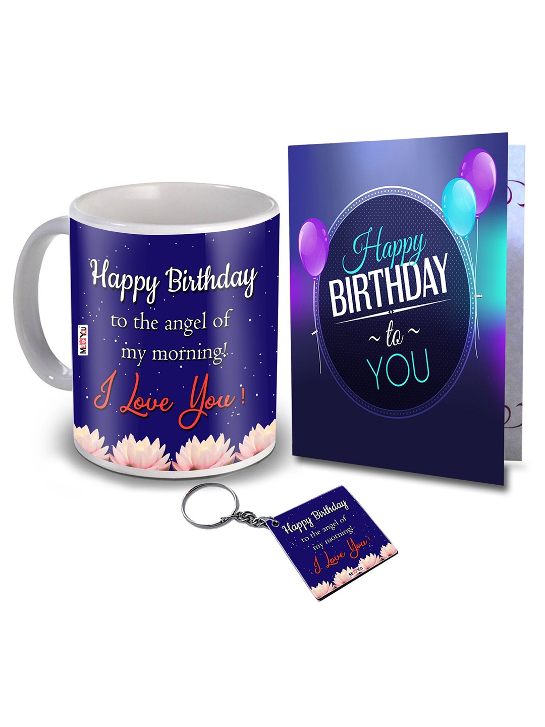 

ME & YOU Blue & White 3 Pieces Printed Mug & Card with Keychain Home Gift Set