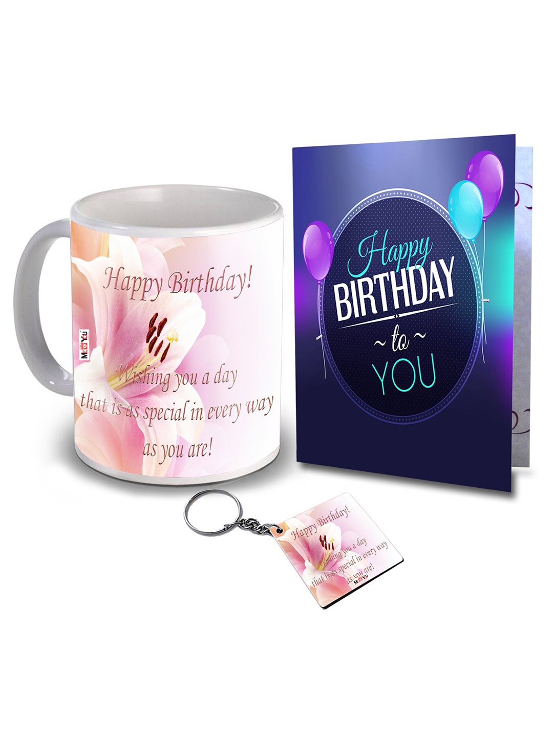 

ME & YOU Pink & Blue 3 Pieces Coffee Mug Birthday Greeting Card & Keychain Home Gift Set