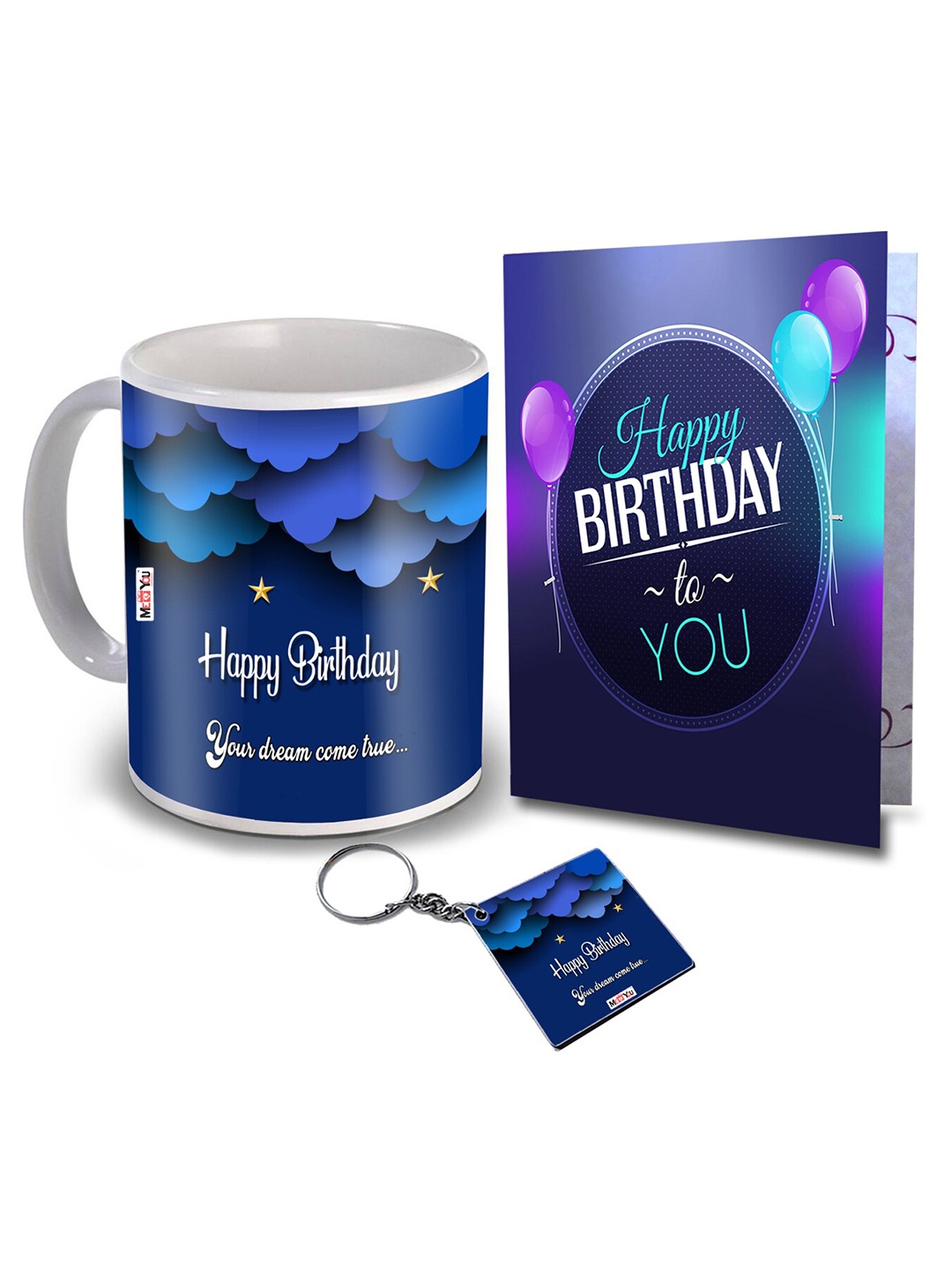 

ME & YOU Blue & White 3 Pieces Printed Mug & Card with Keychain Home Gift Set