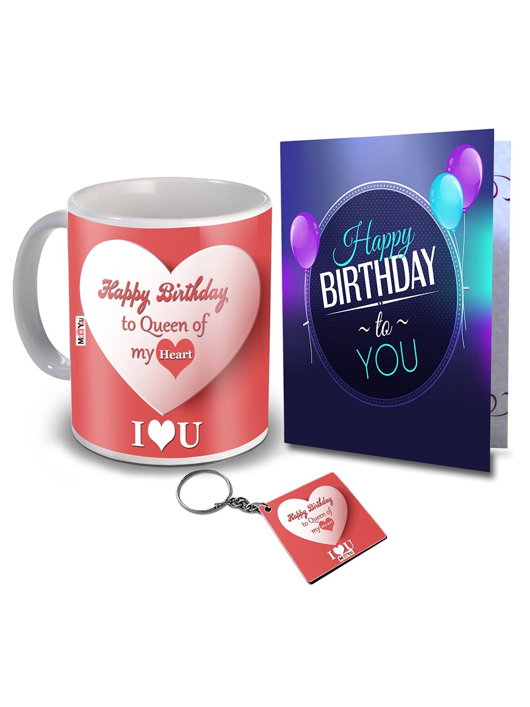 

ME & YOU Red & White 3 Pieces Printed Mug & Card with Keychain Home Gift Set