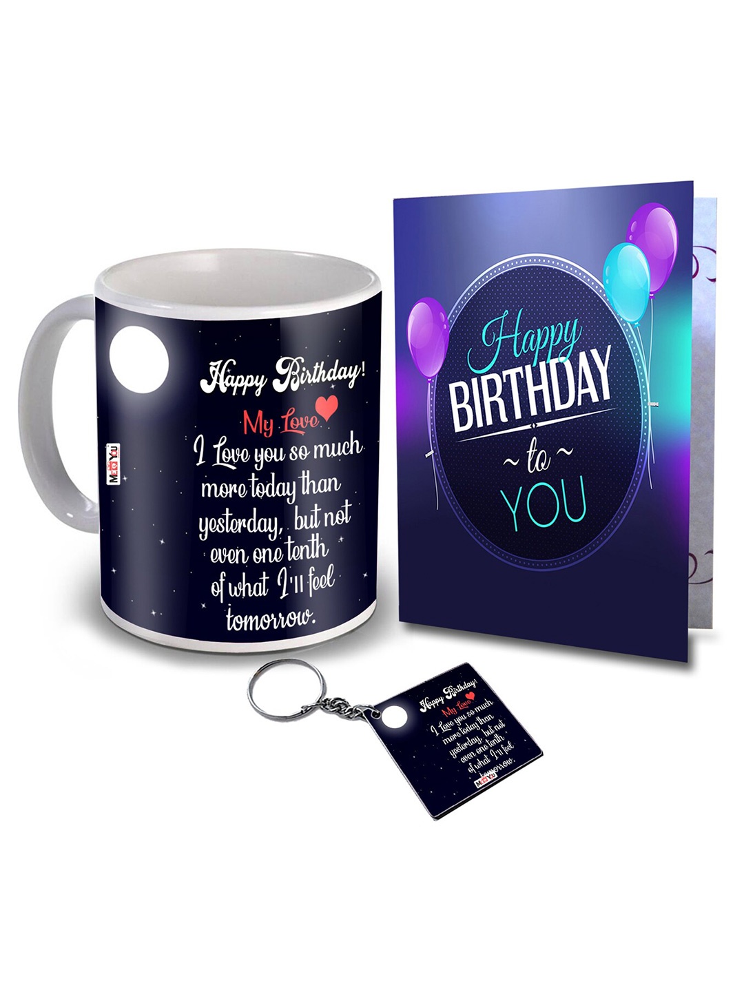 

ME & YOU Blue 3 Pieces Slogans Printed Ceramic Glossy Mug & Card with Keychain