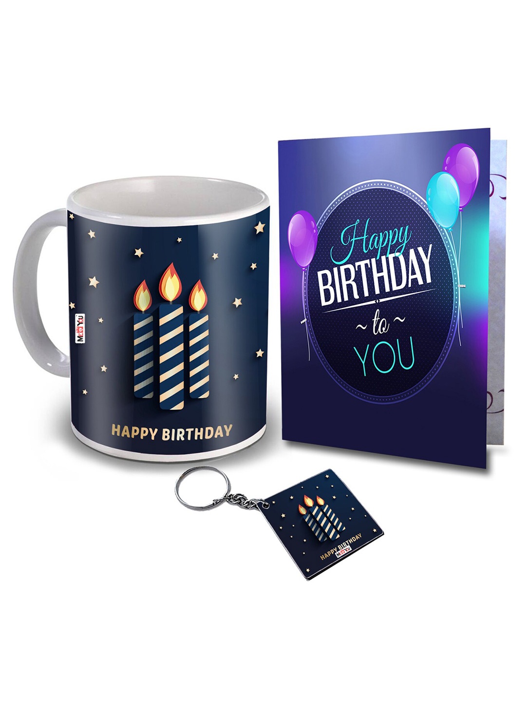 

ME & YOU 3 Pieces Blue Slogans Printed Ceramic Glossy Mug & Card with Keychain