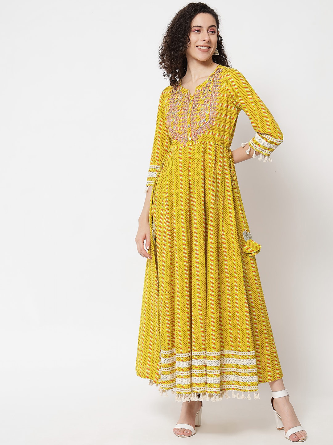 

KALINI Ethnic Motifs Printed Embroidered Cotton Fit & Flare Maxi Ethnic Dress, Mustard