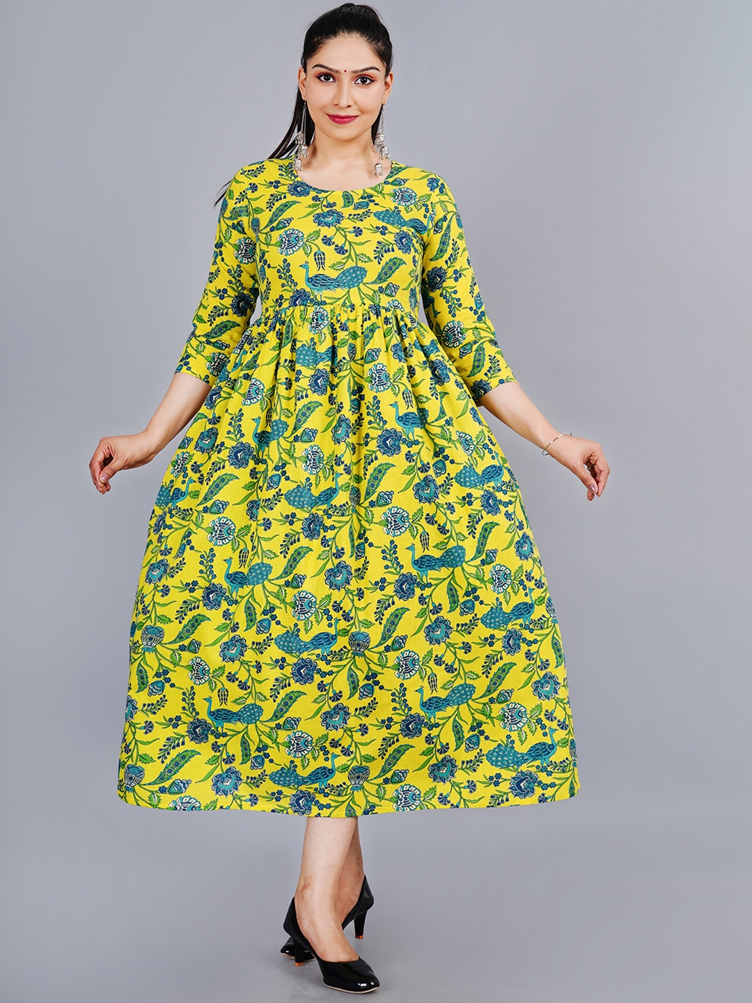 

KALINI Ethnic Motifs Printed Cotton Fit and Flare Midi Kurta, Yellow