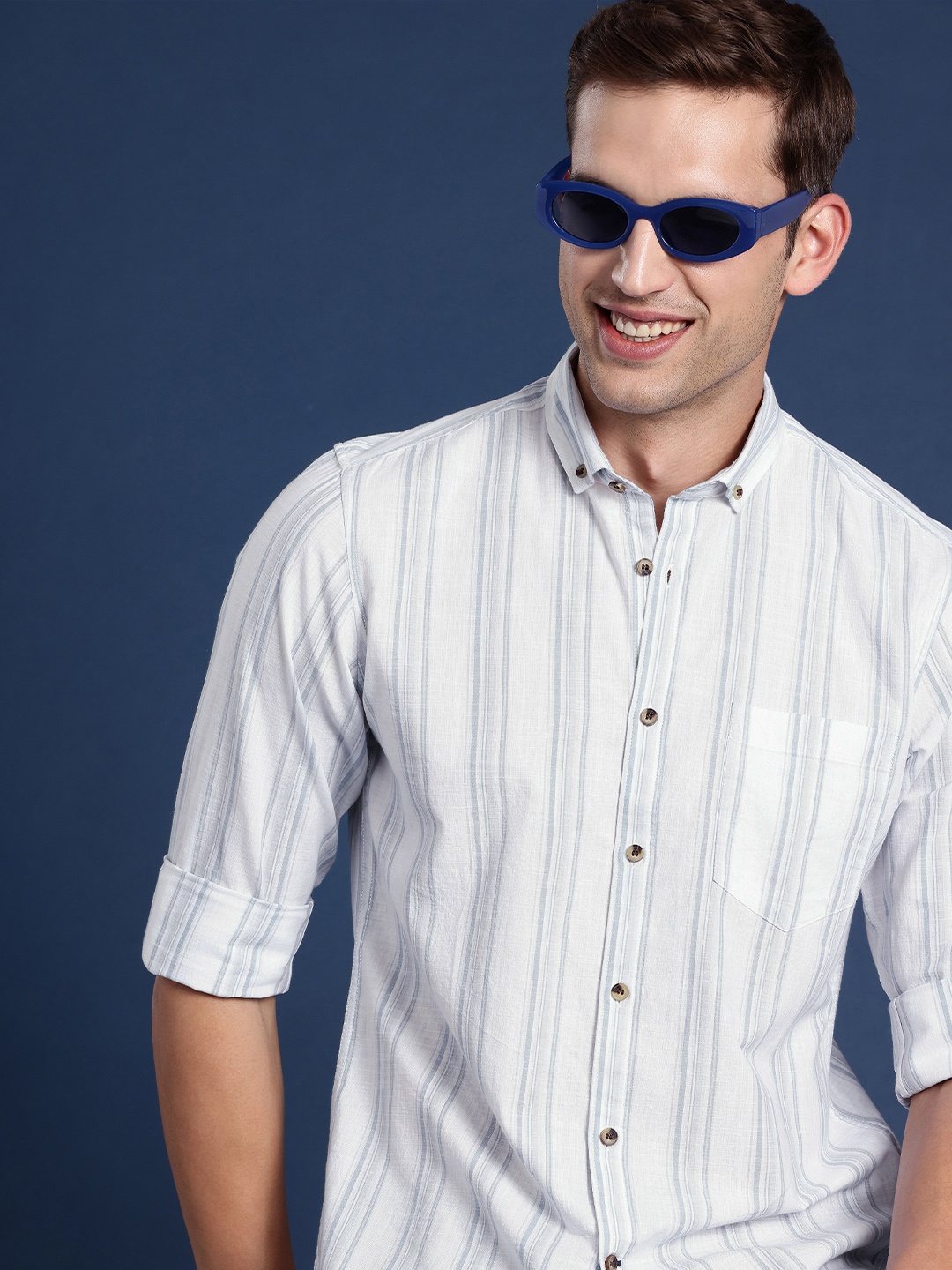 

Mast & Harbour Men Standard Striped Pure Cotton Casual Shirt, Grey