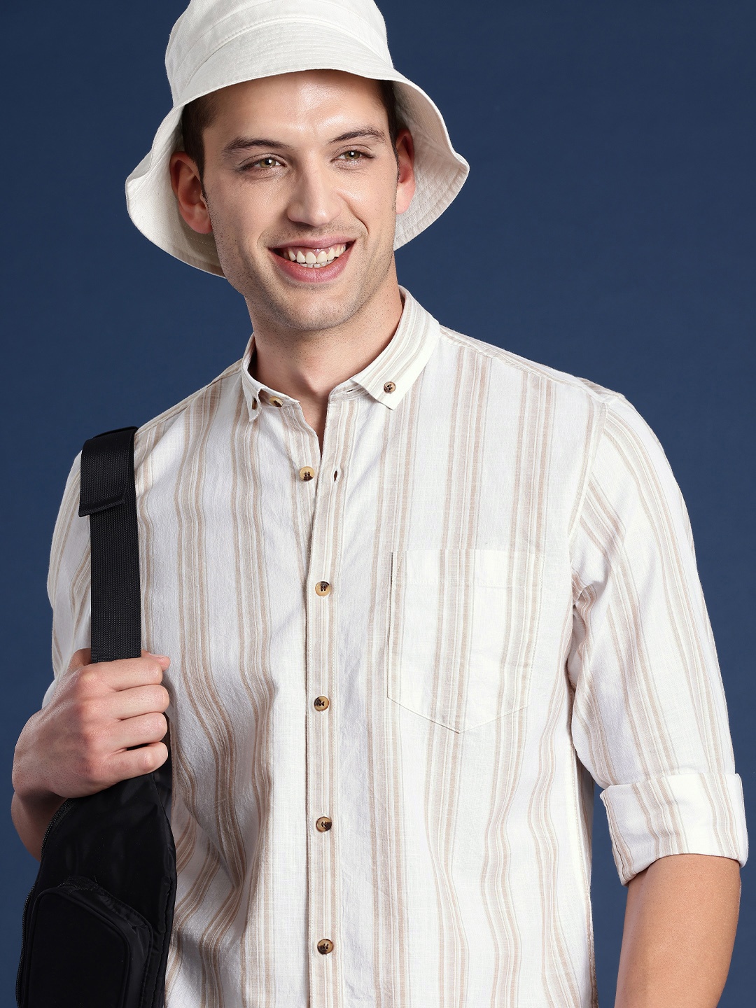 

Mast & Harbour Men Standard Striped Pure Cotton Casual Shirt, Khaki