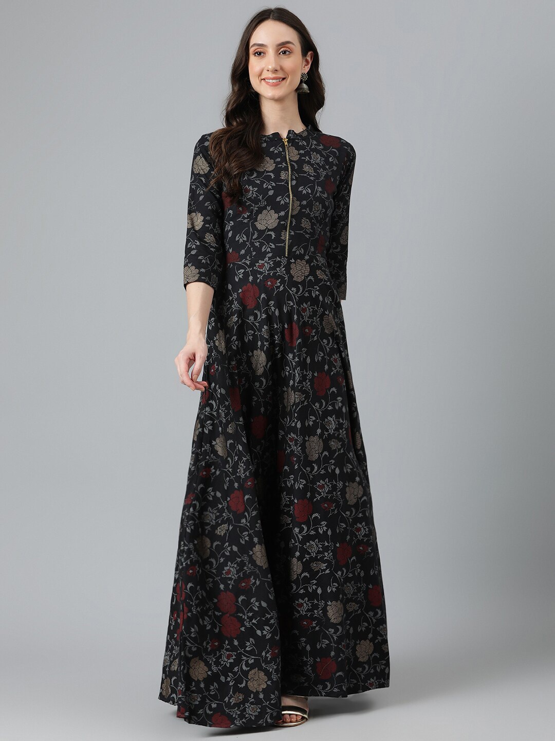 

Vinya Floral Printed Mandarin Collar Fit and Flare Maxi Ethnic Dress, Black