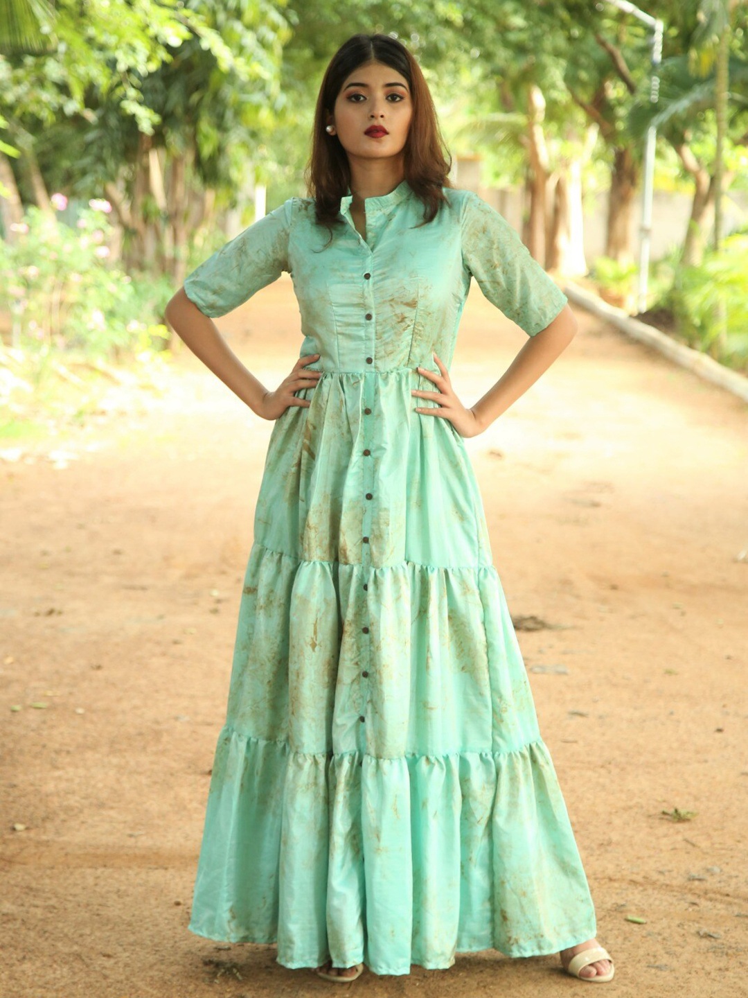 

Vinya Abstract Printed Mandarin Collar Silk Dress, Green