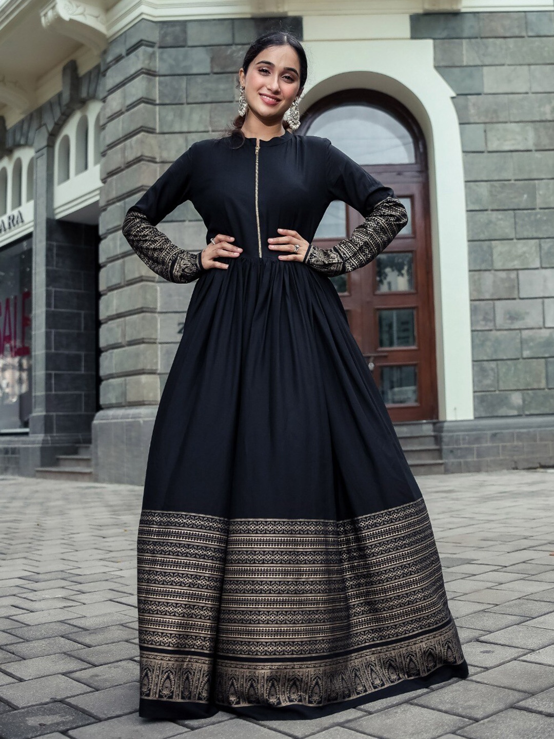 

Vinya Mandarin Collar Fit & Flare Dress, Black