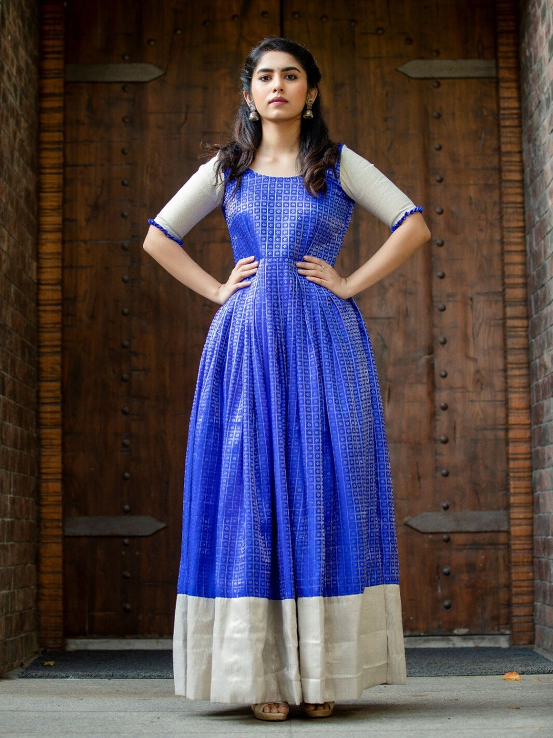 

Vinya Ethnic Motifs Woven Design Fit and Flare Maxi Ethnic Dress, Blue