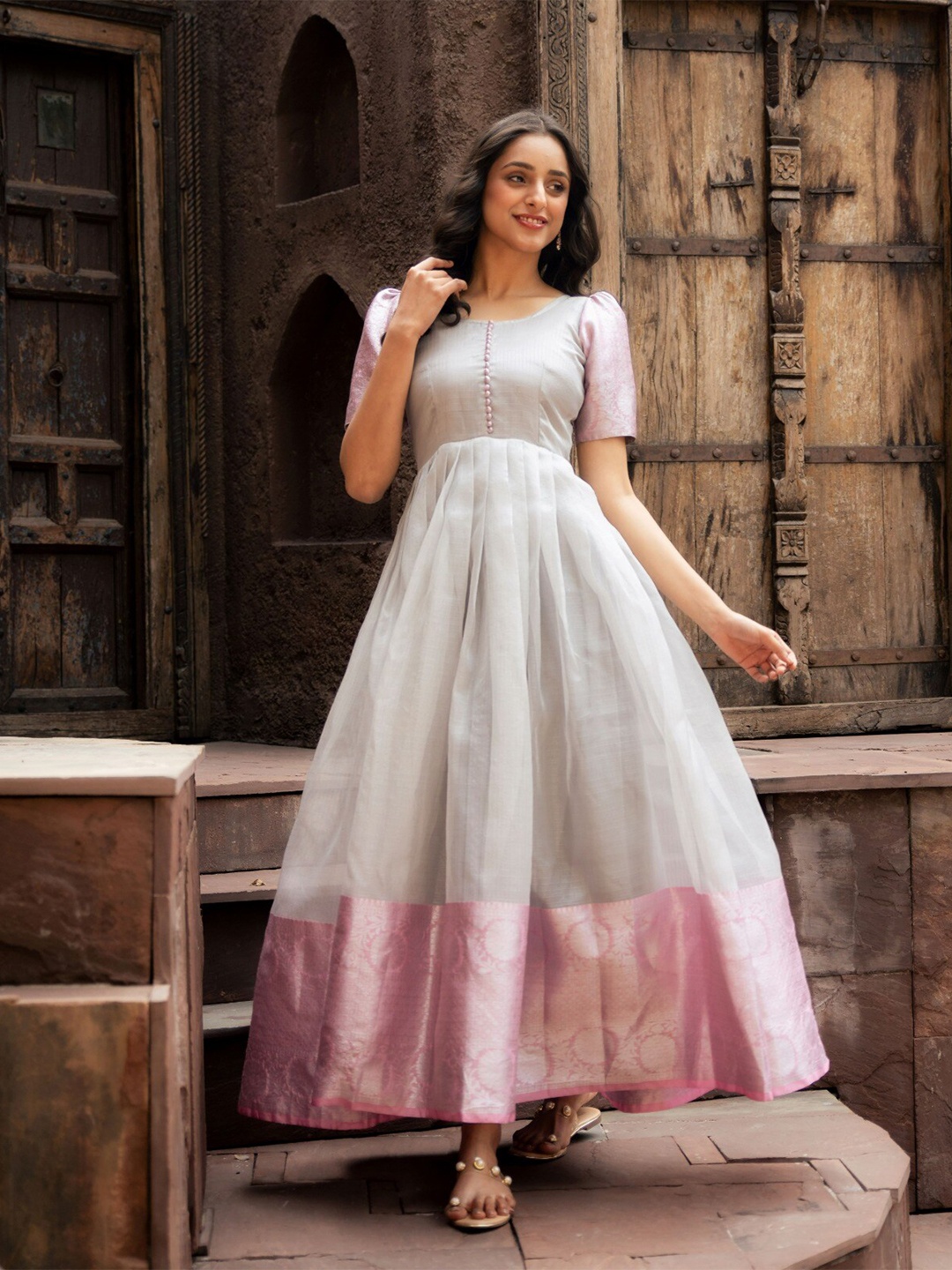 

Vinya Round Neck Fit & Flare Dress, Silver