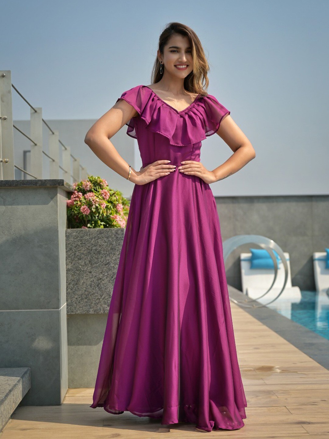 

Vinya V-Neck Ruffles Georgette Maxi Dress, Purple