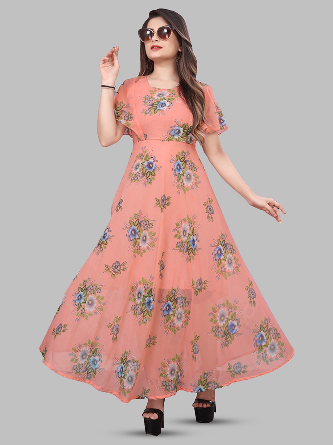 

N N ENTERPRISE Floral Printed Flared Sleeves Gathered Fit & Flare Maxi Dress, Peach