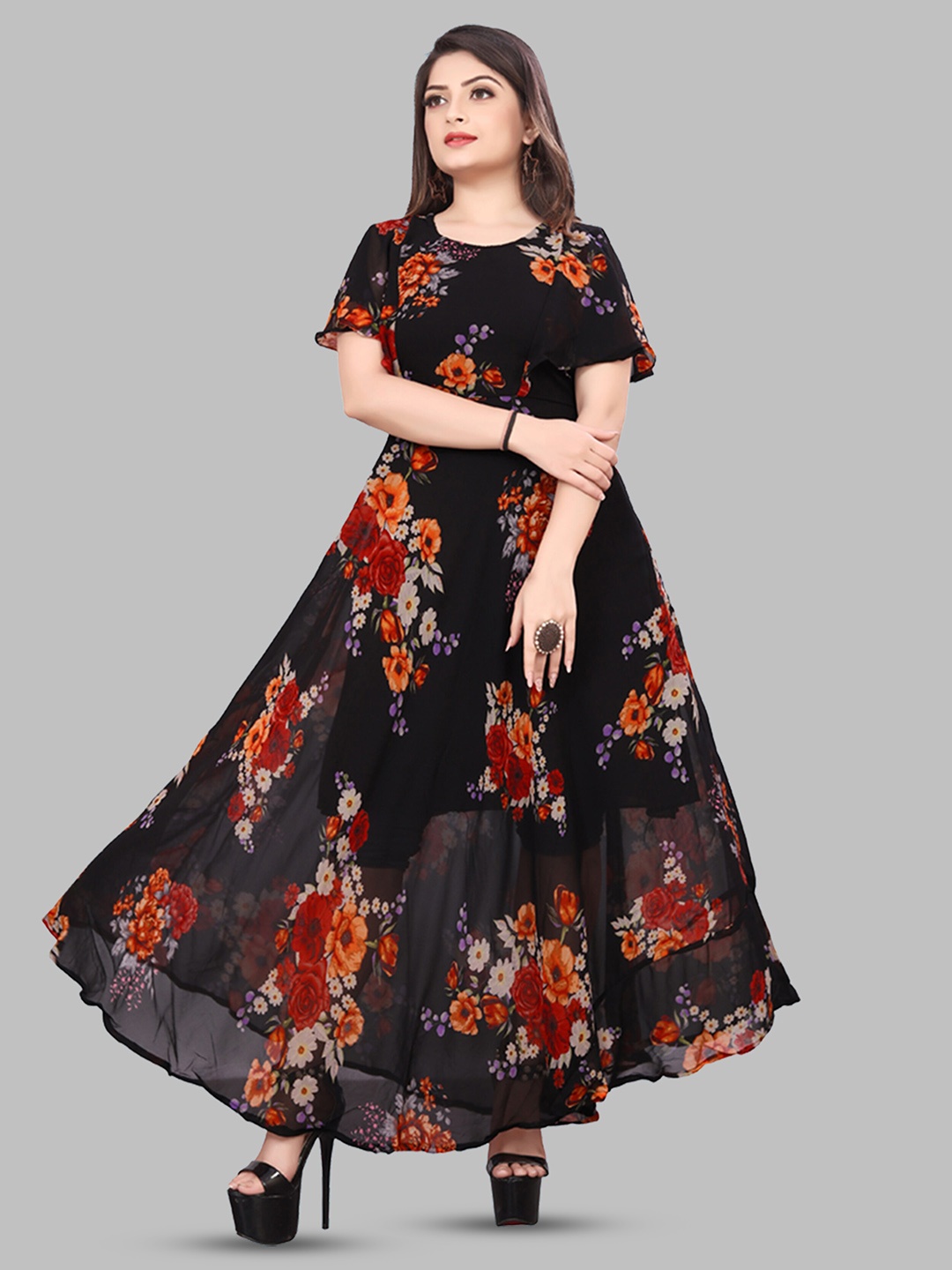 

N N ENTERPRISE Floral Printed Flared Sleeve Georgette Maxi Dress, Black