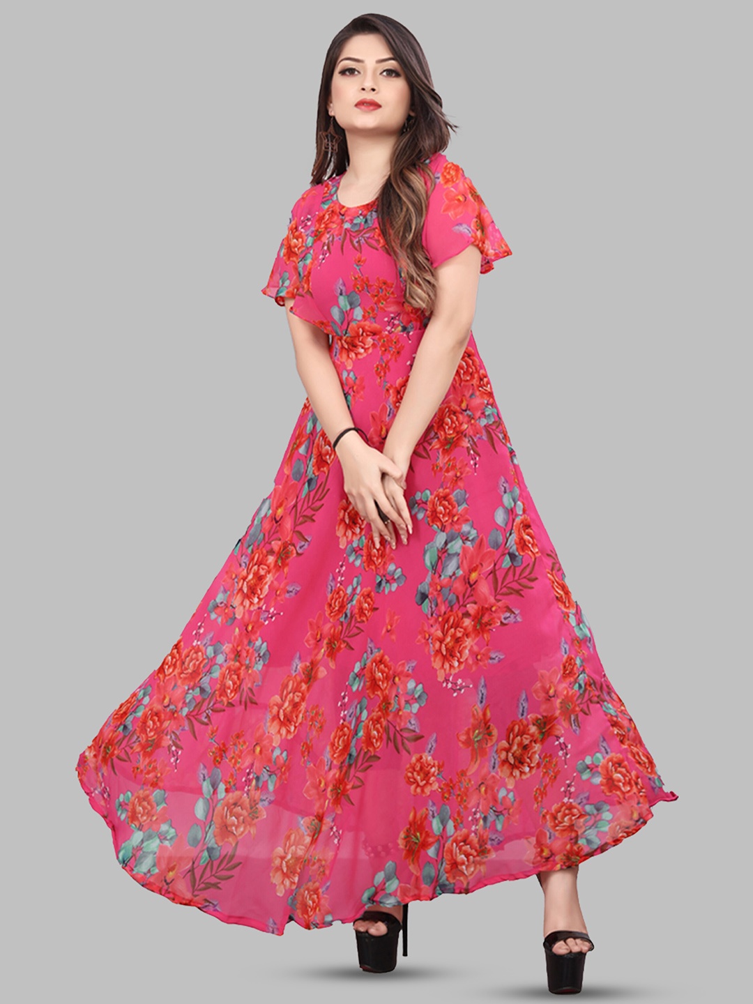 

N N ENTERPRISE Floral Printed Flared Sleeve Georgette Maxi Dress, Pink