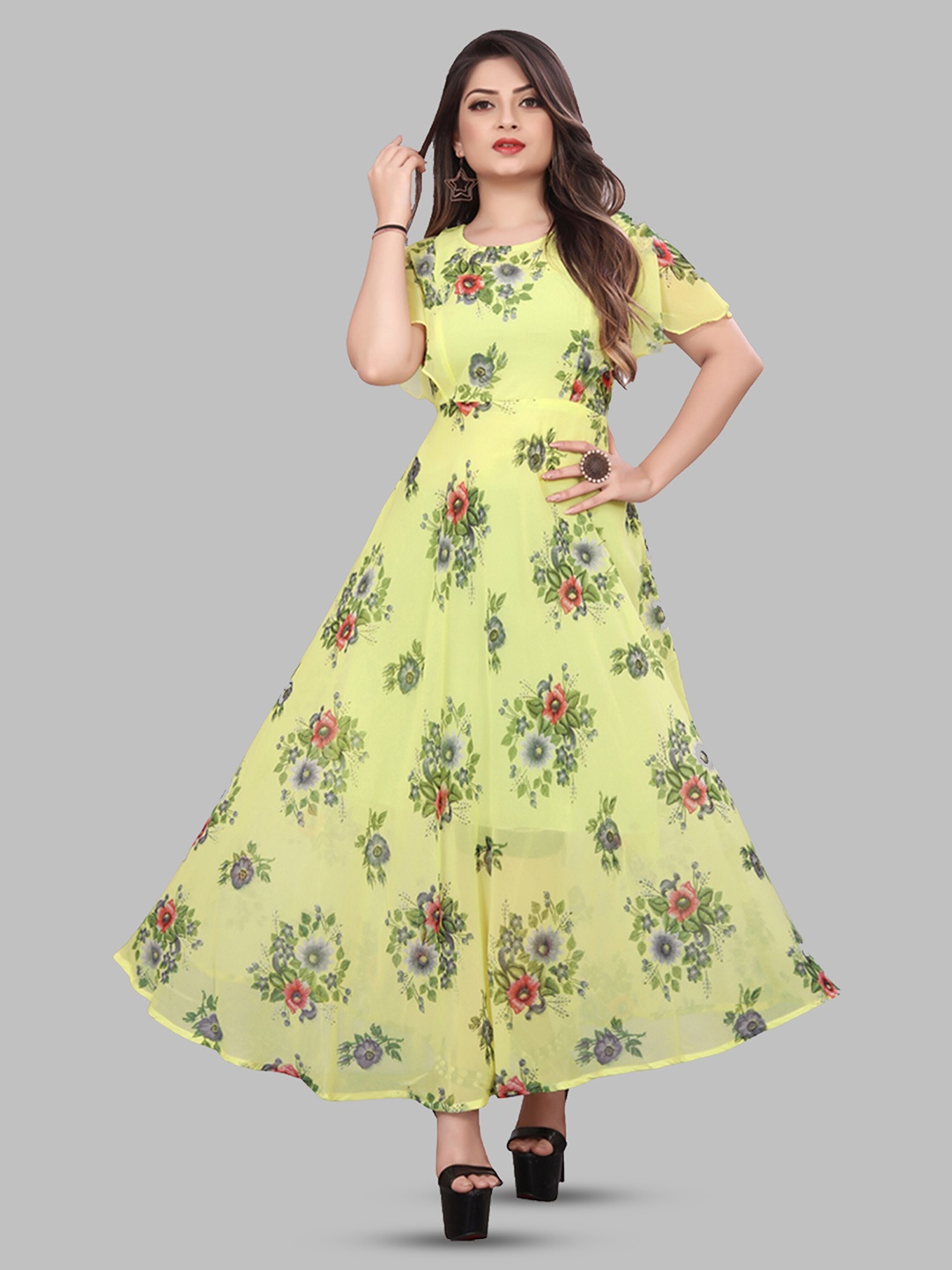 

N N ENTERPRISE Floral Printed Flared Sleeves Gathered Georgette Fit & Flare Maxi Dress, Yellow