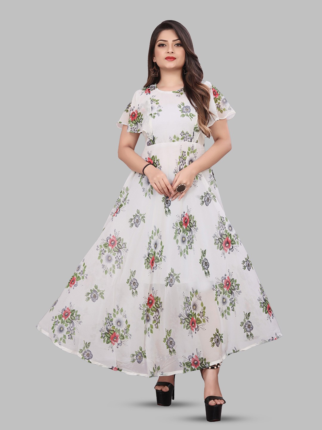 

N N ENTERPRISE Floral Printed Flared Sleeve Georgette Maxi Dress, White