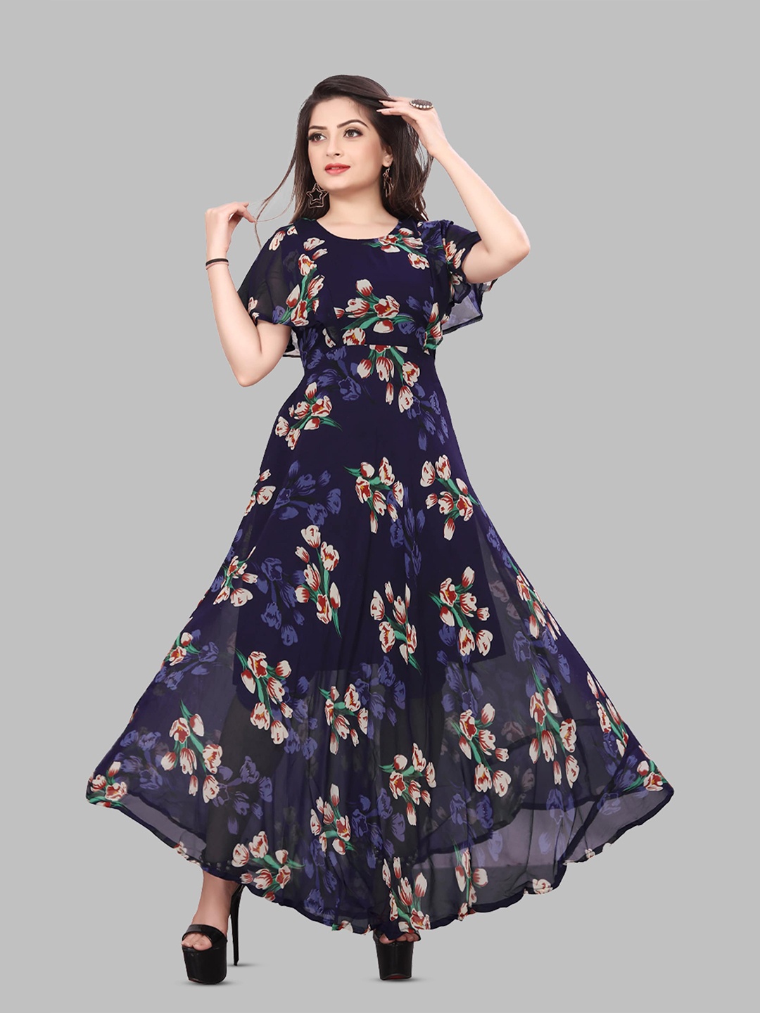 

N N ENTERPRISE Floral Printed Flared Sleeve Georgette Maxi Dress, Navy blue