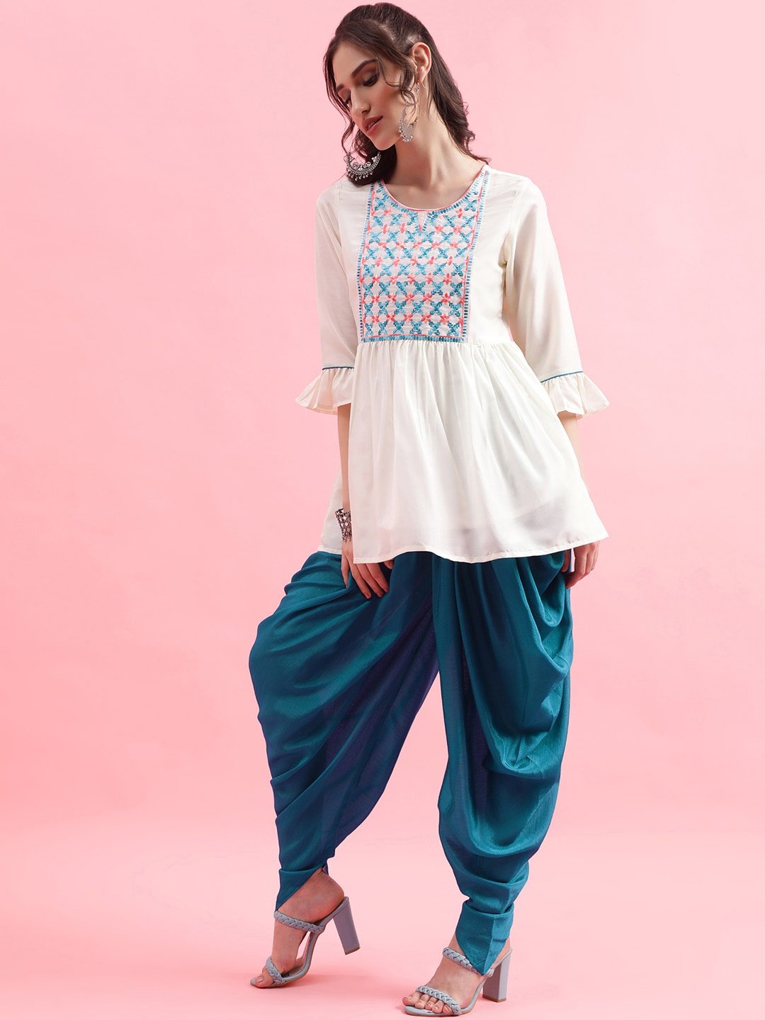 

KALINI Ethnic Motifs Yoke Design Thread Work A-Line Kurti with Dhoti Pants, White