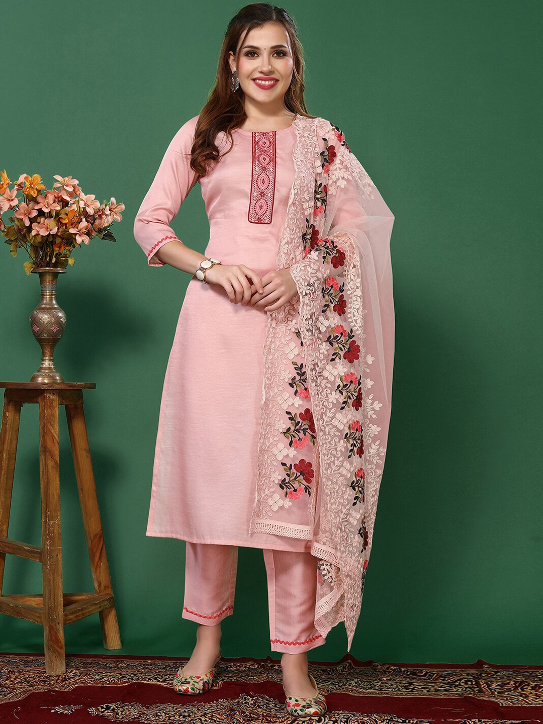 

KALINI Ethnic Motifs Yoke Design Thread Work Kurta with Trousers & Dupatta, Peach