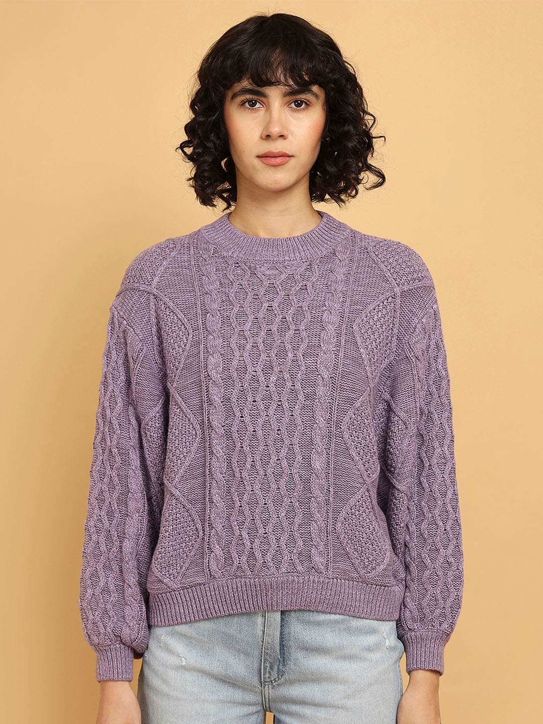 

Wrangler Cable Knit Self Design Oversize Pullover Sweater, Purple