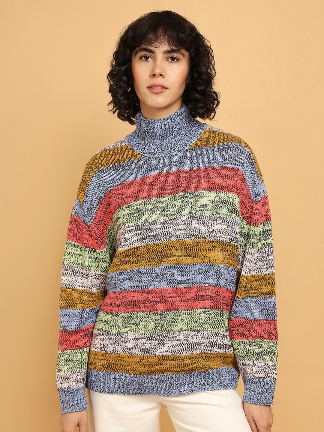 Wrangler Striped Turtle Neck Loose Fit Pullover Sweater, Green