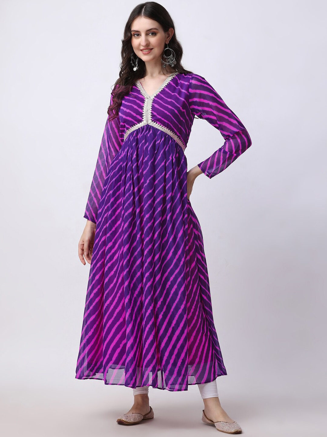 

Rani Saahiba Striped V-Neck Anarkali Kurta, Purple