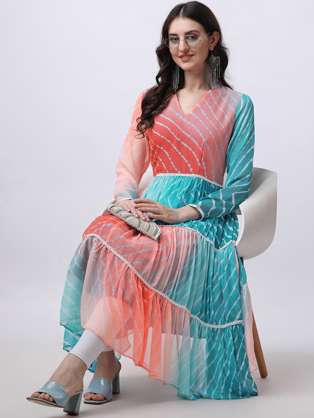 

Rani Saahiba Leheriya Printed V-Neck Anarkali Kurta, Turquoise blue