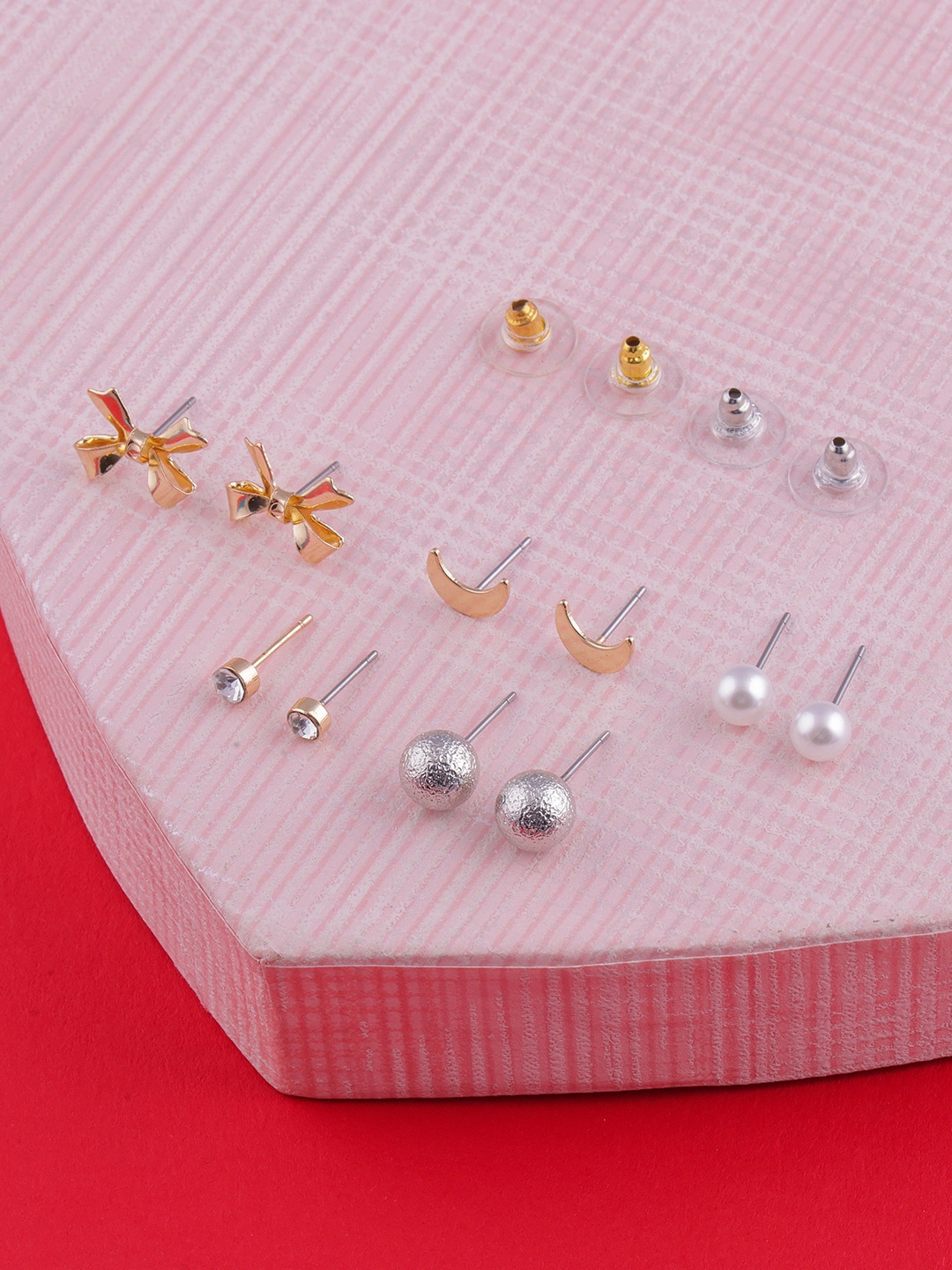 

DressBerry Set Of 5 Gold Plated Studs Earrings, Silver