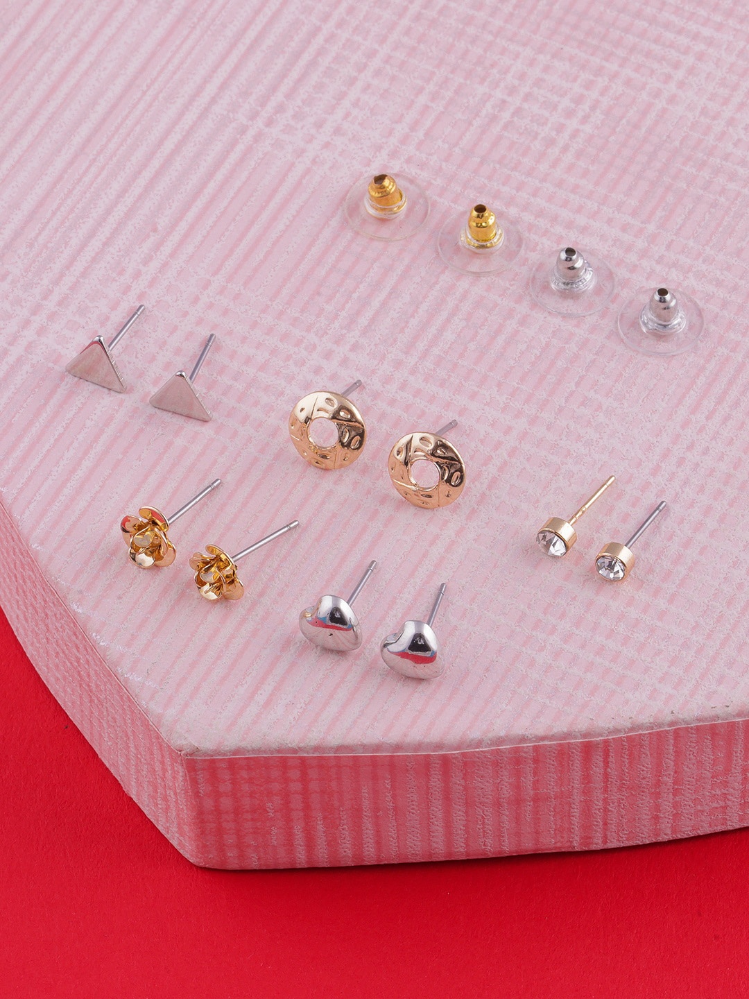 

DressBerry White Set Of 5 & Gold-pleated Stones Studded Classic Studs Earrings