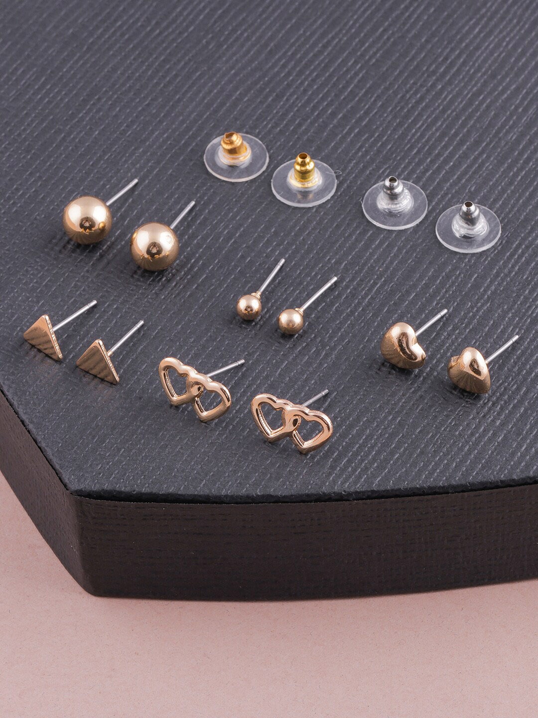 

DressBerry Gold-Toned Set Of 5 & Gold-pleated Beads Studded Classic Studs Earrings