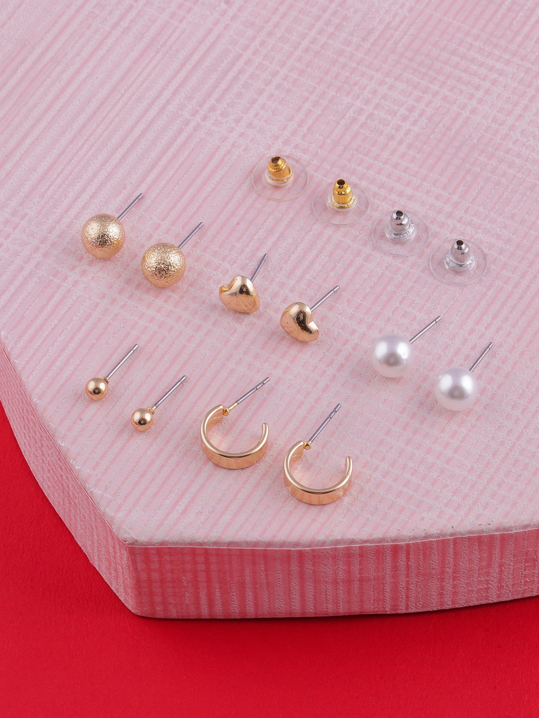 

DressBerry White Set Of 5 & Gold-pleated Classic Studs & Half Hoop Earrings