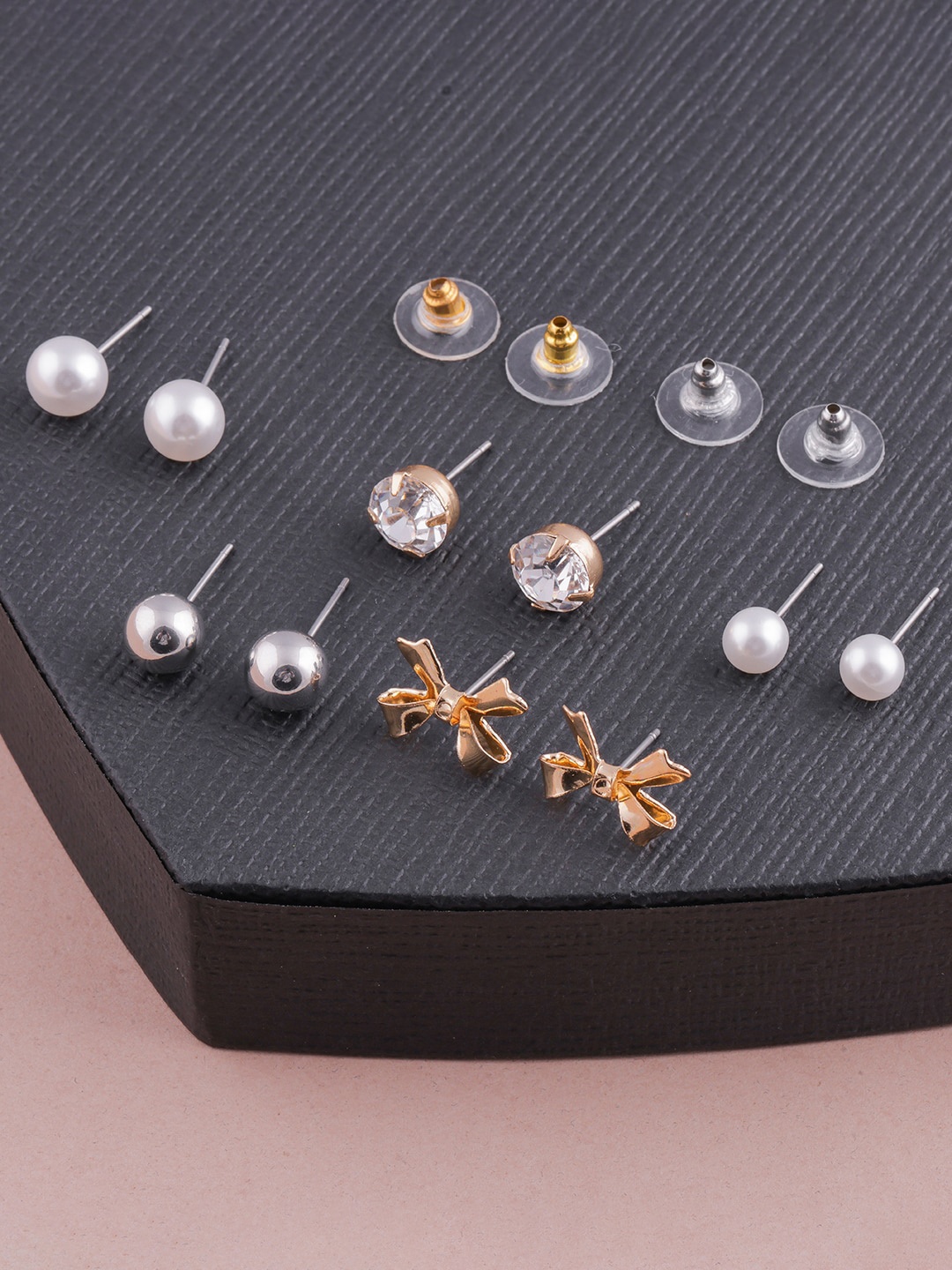 

DressBerry White Set Of 5 & Gold-pleated Beads & Stone Studded Classic Studs Earrings