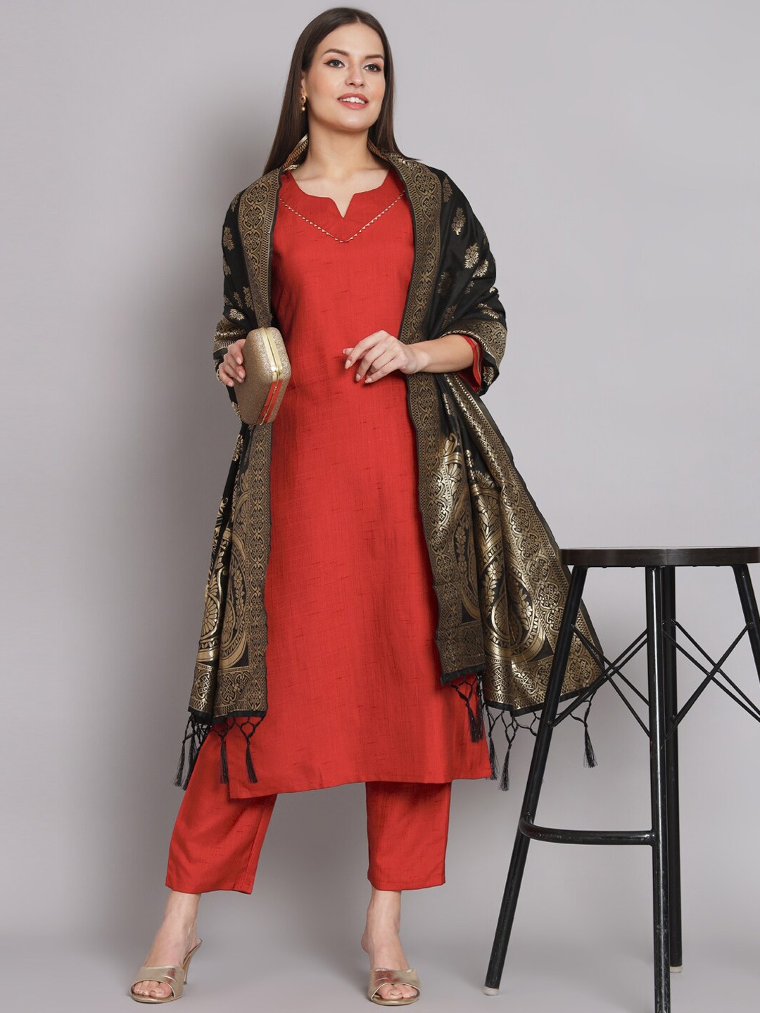 

KALINI Notched Neck Gotta Patti Cotton Silk Kurta with Trousers & Dupatta, Red