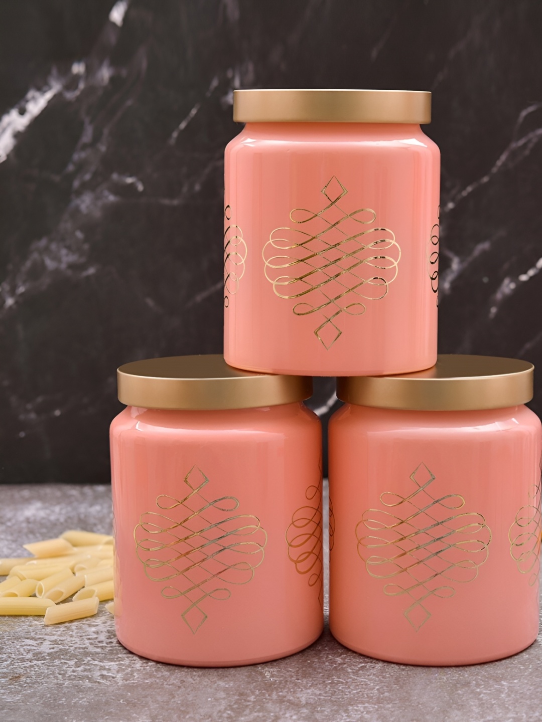 

MACHAK Peach & Gold 3 Pieces Glass Food Container