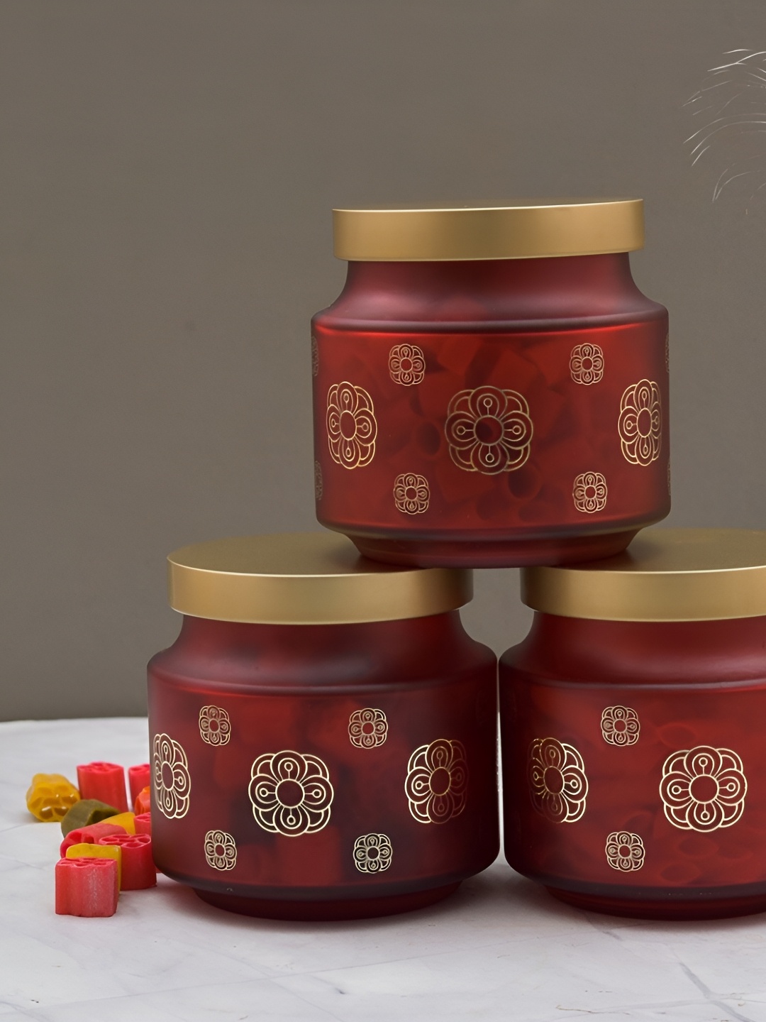 

MACHAK Red & Gold 3 Pieces Glass Food Container
