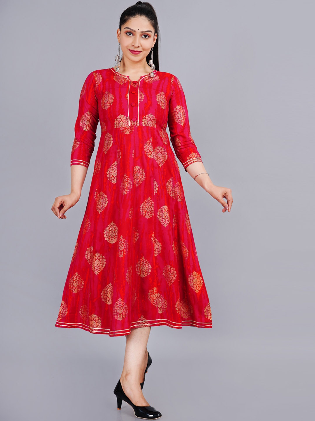 

AAYUMI Ethnic Motifs Printed Anarkali Fit and Flare Midi Ethnic Dress, Red