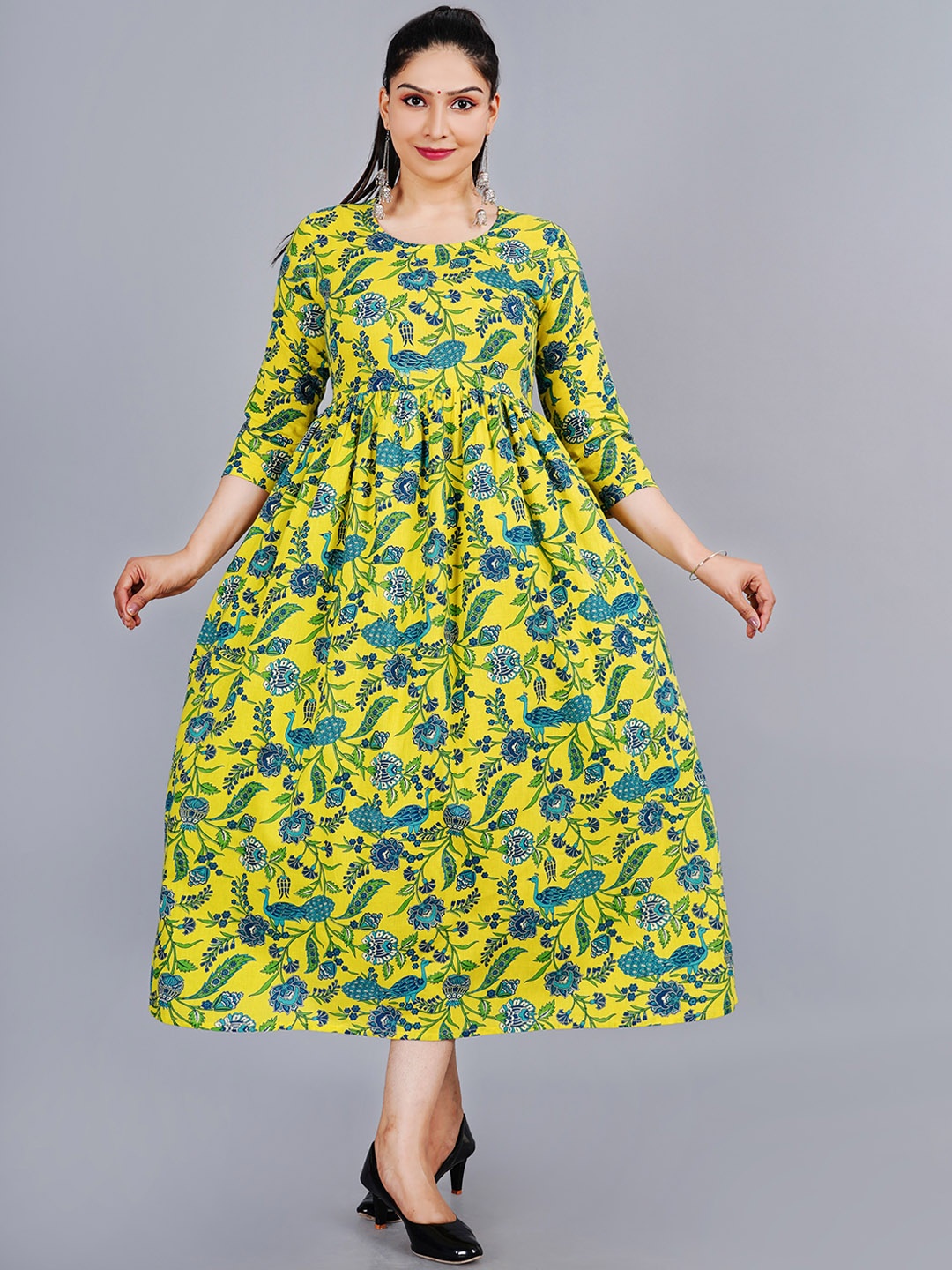 

AAYUMI Ethnic Motifs Printed Pure Cotton Maxi Kurta, Yellow