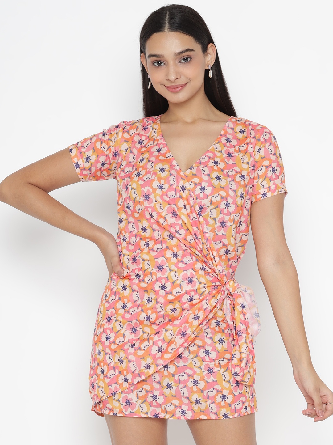 

SEW YOU SOON Floral Printed Tie-Ups Cotton A-Line Mini Dress, Yellow