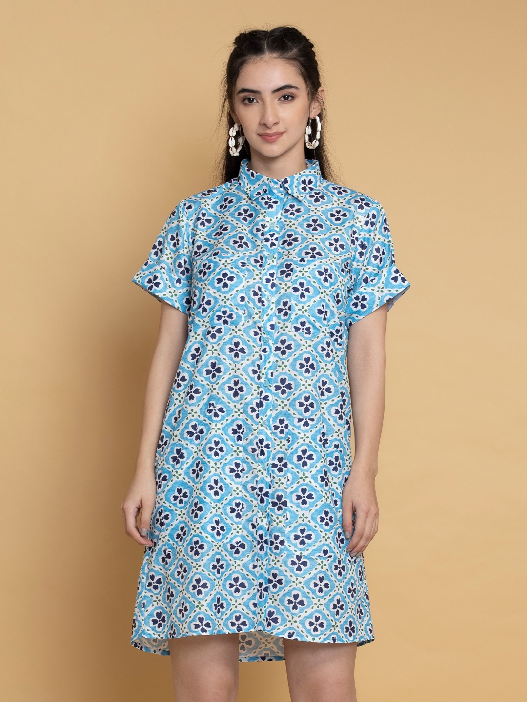 

SEW YOU SOON Floral Printed Cotton A-Line Dress, Blue