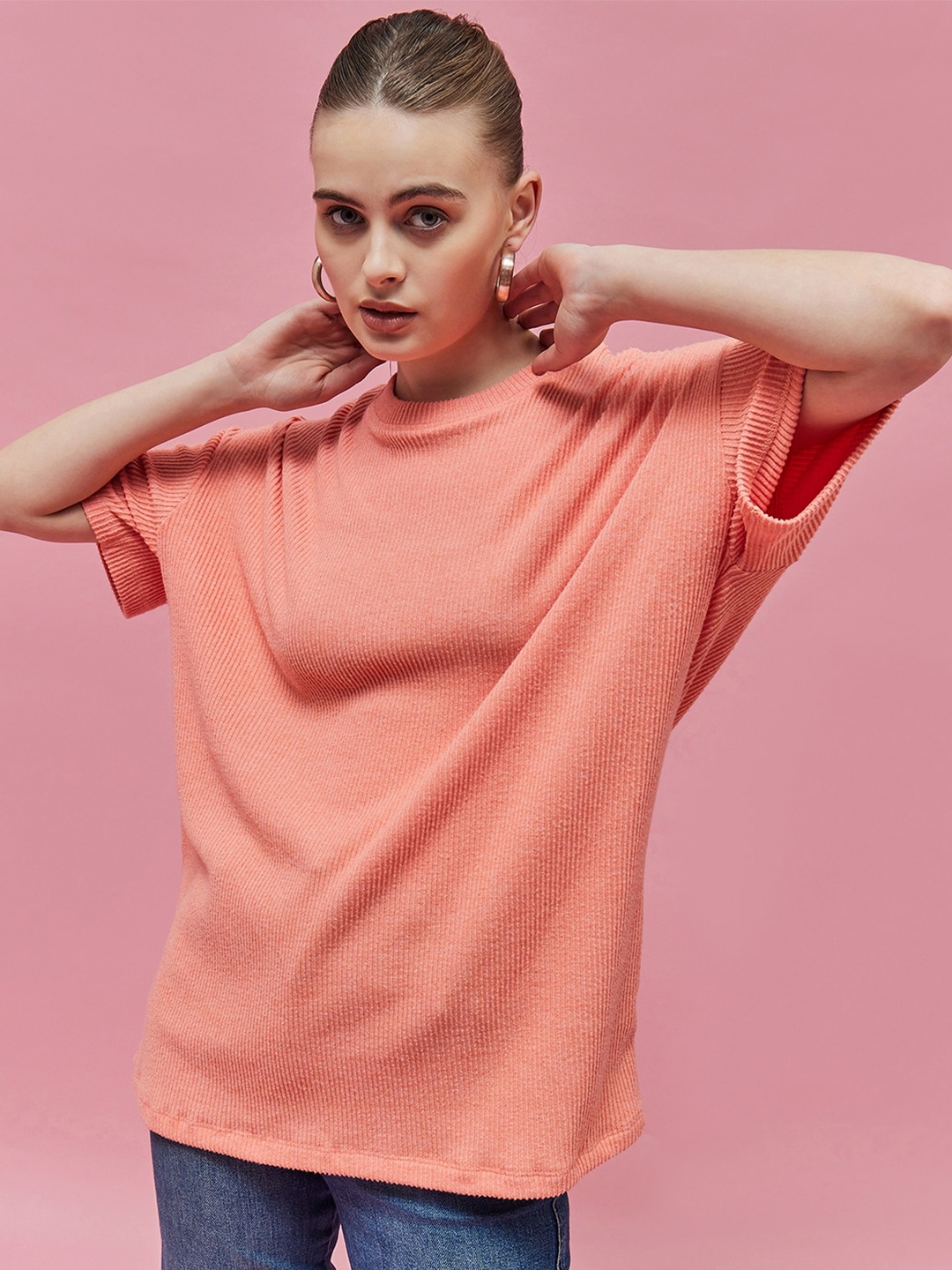 

Kook N Keech Orange Self Design Drop-Shoulder Sleeves Oversized Cotton T-shirt