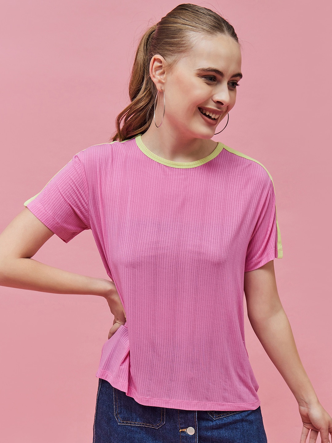 

Kook N Keech Pink Self Design Round Neck Drop-Shoulder Sleeves Cotton T-shirt