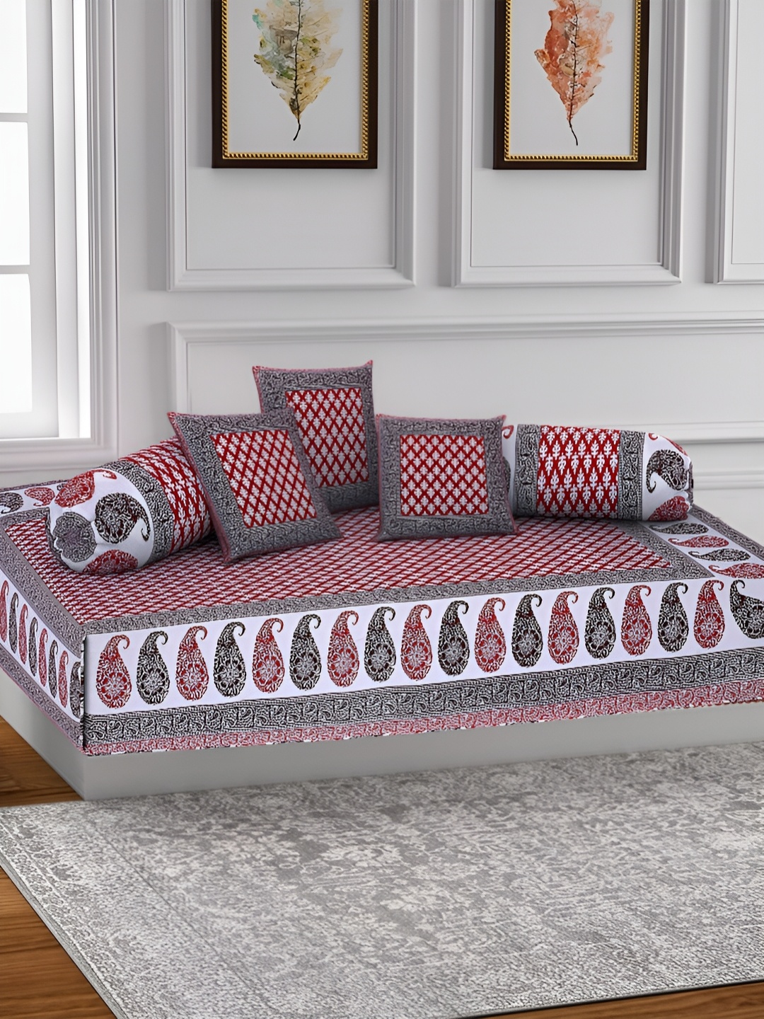 

Texstylers 6 Pieces Red Jaipuri Printed Cotton Diwan Set