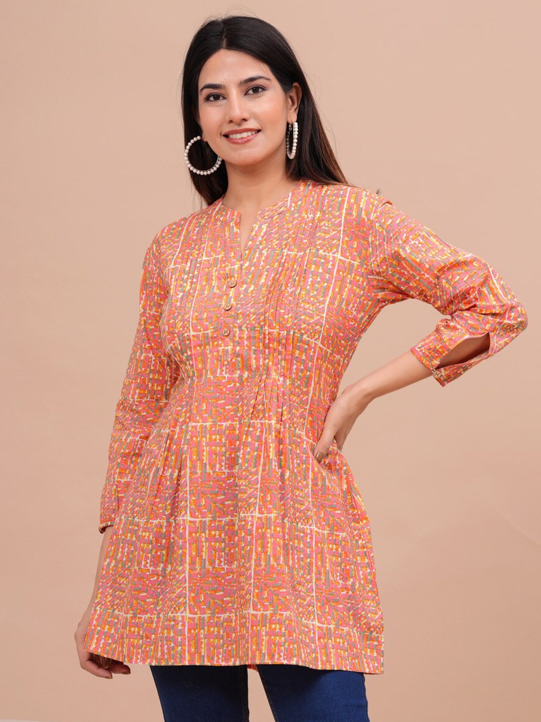 

AVYCO Printed Mandarin Collar Cotton Tunic, Peach