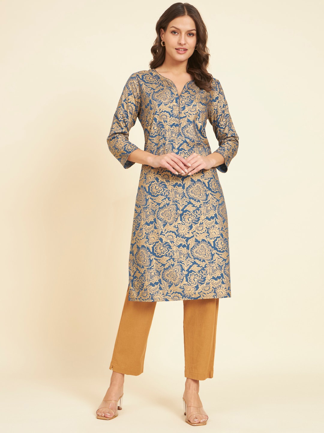 

HERE&NOW Floral Printed V-Neck Straight Pure Linen Kurta, Gold