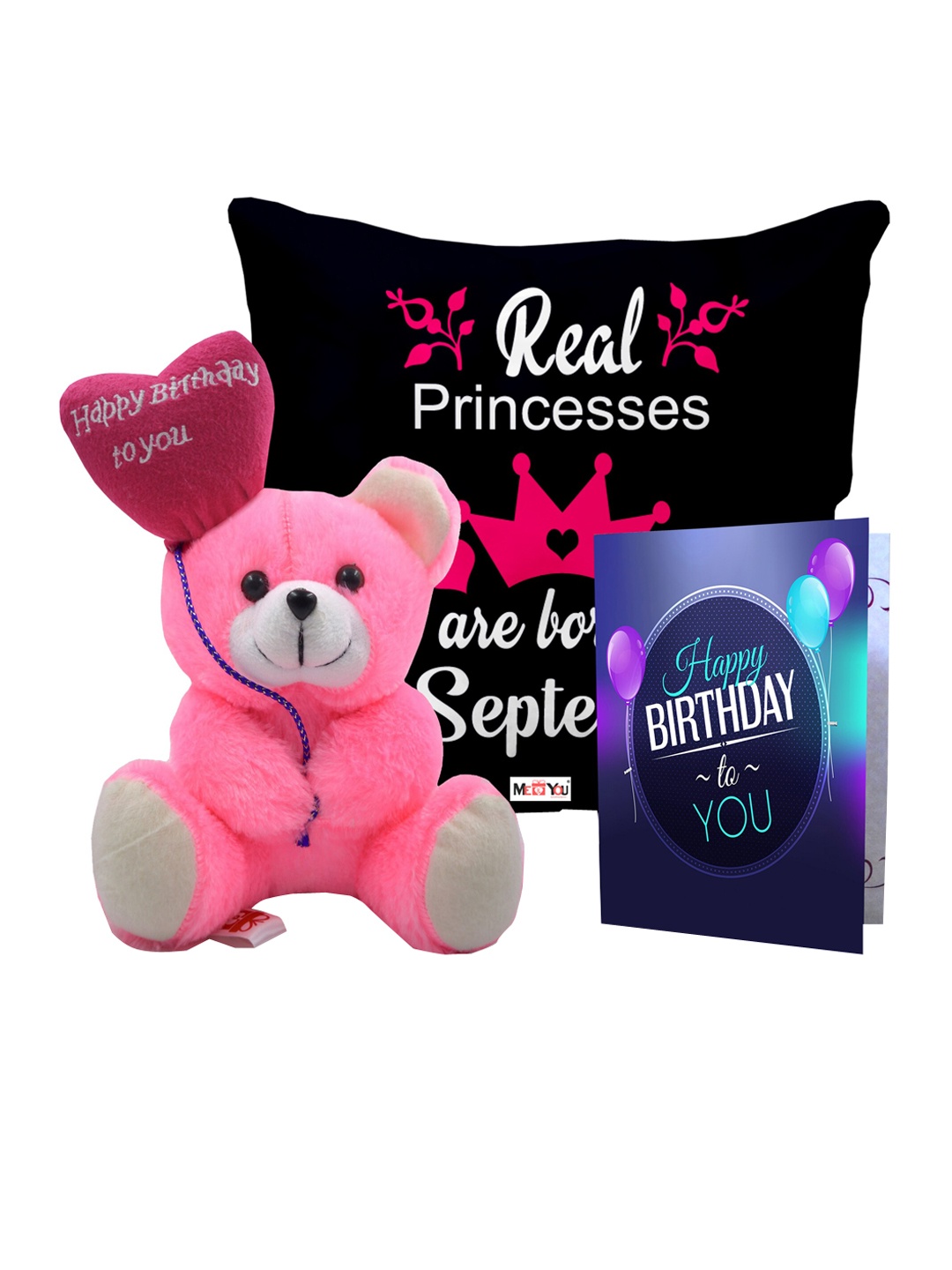 

ME & YOU Black & Pink 3 Pcs Typography Cushion Teddy Bear & Greetings Card Home Gift Set