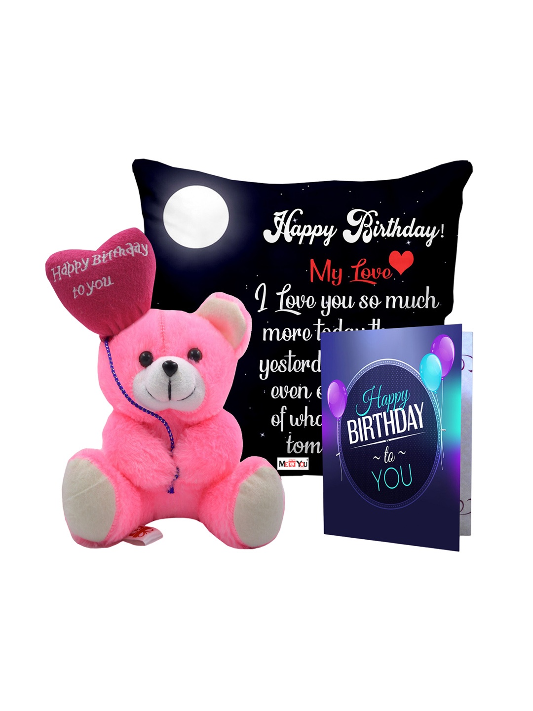 

ME & YOU Pink & Black 3 Pieces Printed Cushion Teddy & Card Gift Set